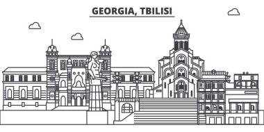 Georgia, Tbilisi satır manzarası vektör çizim. Georgia, Tbilisi doğrusal cityscape ile ünlü simge, şehir manzaraları, vektör manzara. 