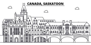 Kanada, Saskatoon manzarası vektör çizim line. Kanada, ünlü simge, şehir manzaraları, vektör yatay doğrusal cityscape Saskatoon. 
