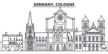Almanya, Köln satır manzarası vektör çizim. Almanya, Köln ünlü simge, şehir manzaraları, vektör yatay doğrusal cityscape. 