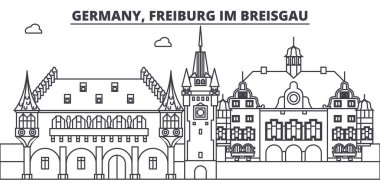 Almanya, Freiburg Im Breisgau manzarası vektör çizim line. Almanya, Freiburg Im Breisgau doğrusal cityscape ünlü simge, şehir manzaraları, vektör yatay ile. 