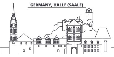Almanya, Halle Saale manzarası vektör çizim line. Almanya, Halle Saale doğrusal cityscape ünlü simge, şehir manzaraları, vektör yatay ile. 