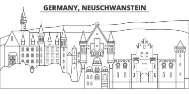 Almanya, Neuschwanstein manzarası vektör çizim line. Almanya, Neuschwanstein doğrusal cityscape ünlü simge, şehir manzaraları, vektör yatay ile. 