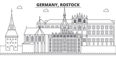 Almanya, Rostock manzarası vektör çizim line. Almanya, ünlü simge, şehir manzaraları, vektör yatay doğrusal cityscape Rostock. 
