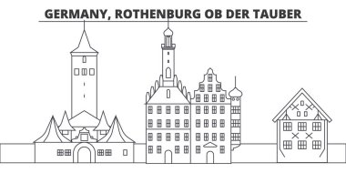Almanya, Rothenburg Ob Der Tauber manzarası vektör çizim line. Almanya, Rothenburg Ob Der Tauber doğrusal cityscape ünlü simge, şehir manzaraları, vektör yatay ile. 