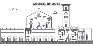 Yunanistan, Rhodes satır manzarası vektör çizim. Yunanistan, Rhodes ile ünlü simge, şehir manzaraları, vektör yatay doğrusal cityscape. 