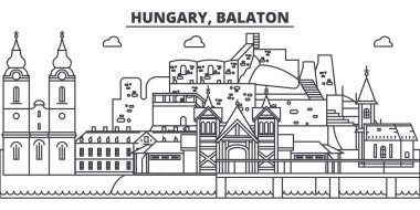Macaristan, Balaton manzarası vektör çizim line. Macaristan, ünlü simge, şehir manzaraları, vektör yatay doğrusal cityscape Balaton. 
