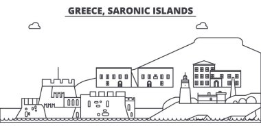 Yunanistan, manzarası vektör çizim Saronic Islands satır. Yunanistan, ünlü simge, şehir manzaraları, vektör yatay doğrusal cityscape Saronic Islands. 