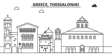Yunanistan, Thessaloniki manzarası vektör çizim line. Yunanistan, ünlü simge, şehir manzaraları, vektör yatay doğrusal cityscape Thessaloniki. 