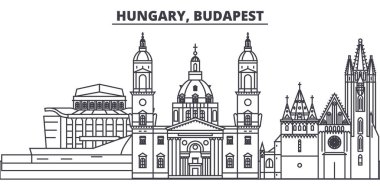 Macaristan, Budapeşte manzarası vektör çizim line. Macaristan, Budapeşte ile ünlü simge, şehir manzaraları, vektör yatay doğrusal cityscape. 
