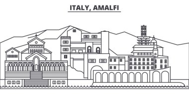 İtalya, Amalfi manzarası vektör çizim line. İtalya, Amalfi doğrusal cityscape ünlü simge, şehir manzaraları, vektör yatay ile. 