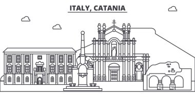 İtalya, Catania manzarası vektör çizim line. İtalya, Catania ile ünlü simge, şehir manzaraları, vektör yatay doğrusal cityscape. 