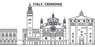 İtalya, Cremona manzarası vektör çizim line. İtalya, Cremona ile ünlü simge, şehir manzaraları, vektör yatay doğrusal cityscape. 
