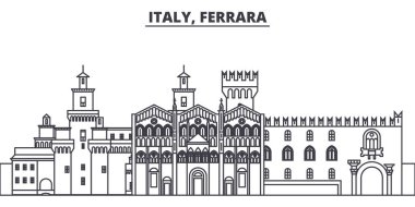 İtalya, Ferrara manzarası vektör çizim line. İtalya, ünlü simge, şehir manzaraları, vektör yatay doğrusal cityscape Ferrara. 
