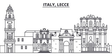 İtalya, Lecce manzarası vektör çizim line. İtalya, Lecce ile ünlü simge, şehir manzaraları, vektör yatay doğrusal cityscape. 