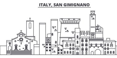 İtalya, San Gimignano manzarası vektör çizim line. İtalya, San Gimignano doğrusal cityscape ünlü simge, şehir manzaraları, vektör yatay ile. 