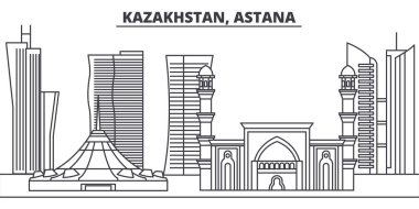 Kazakistan Astana satır manzarası vektör çizim. Kazakistan, Astana ile ünlü simge, şehir manzaraları, vektör yatay doğrusal cityscape. 