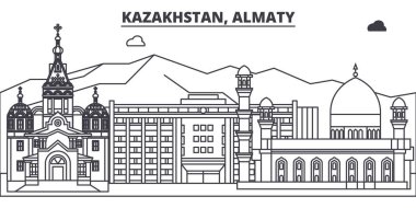 Kazakistan, Almaty manzarası vektör çizim line. Kazakistan, Almaty doğrusal cityscape ünlü simge, şehir manzaraları, vektör yatay ile. 