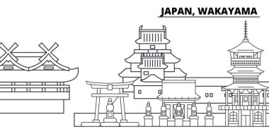 Japonya, Wakayama manzarası vektör çizim line. Japonya, Wakayama doğrusal cityscape ünlü simge, şehir manzaraları, vektör yatay ile. 