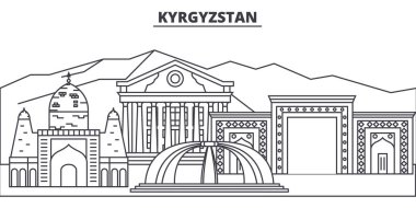 Kırgızistan satır manzarası vektör çizim. Kırgızistan ile ünlü simge, şehir manzaraları, vektör yatay doğrusal cityscape. 