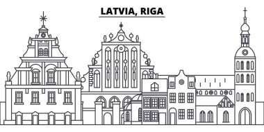 Letonya, Riga manzarası vektör çizim line. Letonya, Riga doğrusal cityscape ünlü simge, şehir manzaraları, vektör tasarım peyzaj. 