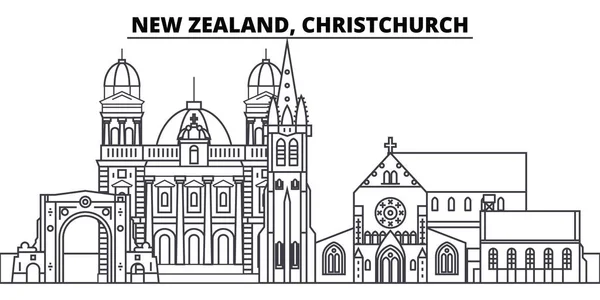 Nueva Zelanda, Christchurch línea skyline vector ilustración. Nueva Zelanda, Christchurch paisaje urbano lineal con monumentos famosos, lugares de interés de la ciudad, paisaje vectorial . — Vector de stock