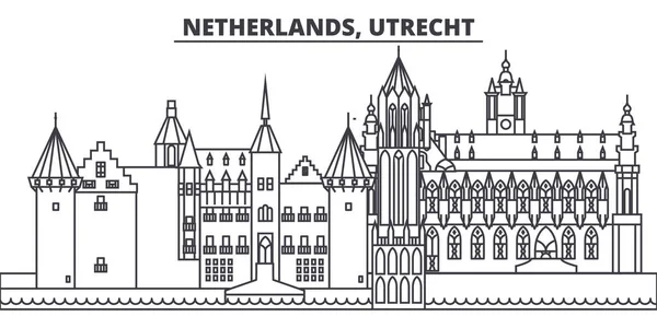 Holandia, Utrecht linii skyline wektor ilustracja. Holandia, Utrecht liniowe gród z słynnych zabytków, atrakcji miasta, krajobraz wektor. — Wektor stockowy
