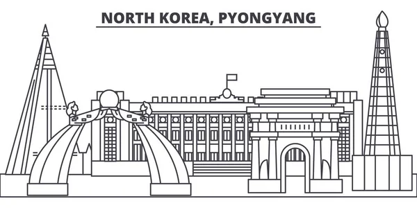 Corea del Norte, línea Pyongyang skyline vector ilustración. Corea del Norte, Pyongyang paisaje urbano lineal con monumentos famosos, lugares de interés de la ciudad, paisaje vectorial . — Vector de stock