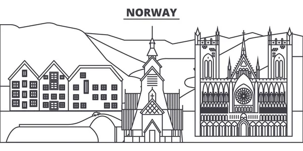 Noruega línea horizonte vector ilustración. Noruega paisaje urbano lineal con monumentos famosos, lugares de interés de la ciudad, paisaje vectorial . — Vector de stock