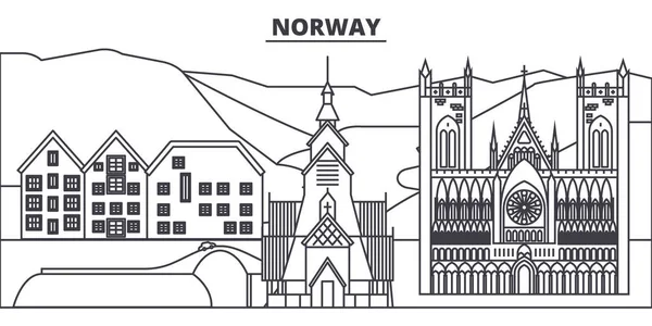 Norveç satır manzarası vektör çizim. Norveç ünlü simge, şehir manzaraları, vektör yatay doğrusal cityscape. 