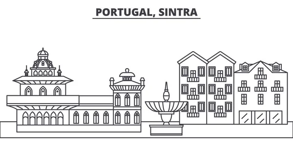 Portugal, línea Sintra skyline vector ilustración. Portugal, Sintra paisaje urbano lineal con monumentos famosos, lugares de interés de la ciudad, paisaje vectorial . — Vector de stock