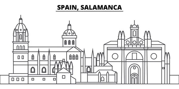 Španělsko, Salamanca linie Panorama vektorové ilustrace. Španělsko, lineární charakter města Salamanca s slavných památek, pamětihodností města, Vektor krajina. — Stockový vektor