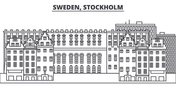 Sverige, Stockholm linje silhuett vektorillustration. Sverige, Stockholm linjär stadsbilden med berömda landmärken, sevärdheter, vektor landskap. — Stock vektor