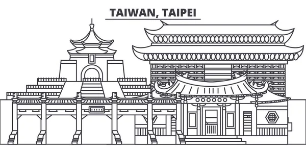 Tchaj-wan, Taipei linie Panorama vektorové ilustrace. Tchaj-wan, Taipei lineární panoráma s slavných památek, pamětihodností města, Vektor krajina. — Stockový vektor