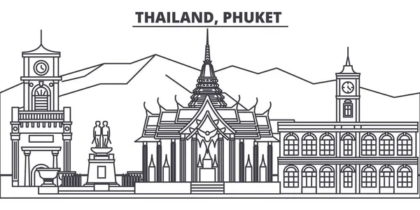 Thailand, Phuket lijn skyline vectorillustratie. Thailand, Phuket lineaire stadsgezicht met bezienswaardigheden, beroemde monumenten, vector landschap. — Stockvector