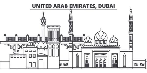 아랍 에미레이트, 두바이 스카이라인 벡터 일러스트 레이 션 라인. 아랍 에미리트, 두바이 선형 도시 유명한 랜드마크, 시티 명소와 벡터 풍경. — 스톡 벡터