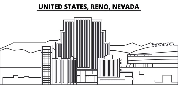 Spojené státy, Reno, Nevada linie Panorama vektorové ilustrace. Spojené státy, Reno, Nevada lineární panoráma s slavné památky, Památky města, Vektor krajina. — Stockový vektor