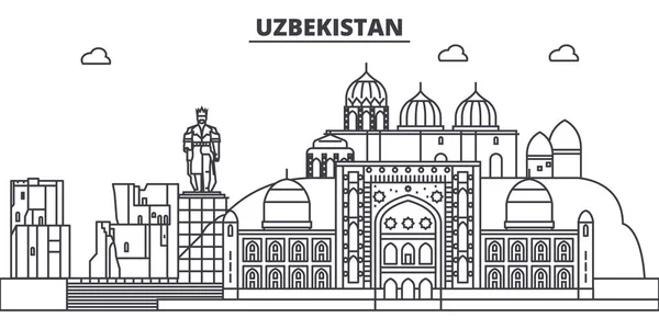 Uzbekistan linii skyline ilustracji wektorowych. Uzbekistan liniowe gród z słynnych zabytków, atrakcji miasta, krajobraz wektor. — Wektor stockowy