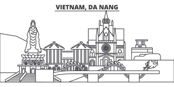 Vietnam, Da Nang línea skyline vector ilustración. Vietnam, Da Nang paisaje urbano lineal con monumentos famosos, lugares de interés de la ciudad, paisaje vectorial . — Archivo Imágenes Vectoriales