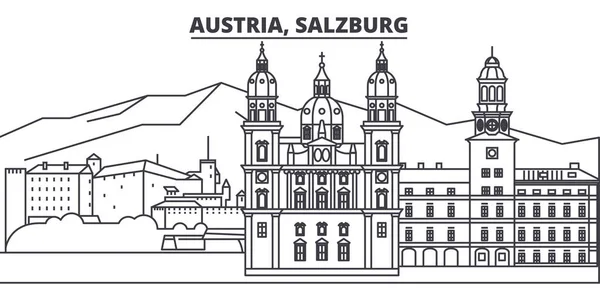 Avusturya, Salzburg manzarası vektör çizim line. Avusturya, Salzburg ile ünlü simge, şehir manzaraları, vektör yatay doğrusal cityscape. — Stok Vektör