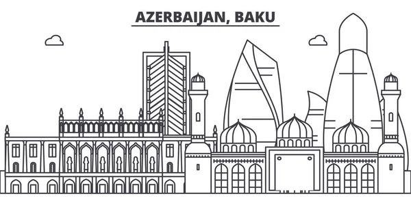 Azerbaiyán, Bakú línea skyline vector ilustración. Azerbaiyán, Bakú paisaje urbano lineal con monumentos famosos, vistas de la ciudad, paisaje vectorial . — Archivo Imágenes Vectoriales