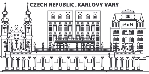 Çek Cumhuriyeti, Karlovy Vary manzarası vektör çizim line. Çek Cumhuriyeti, Karlovy Vary doğrusal cityscape ünlü simge, şehir manzaraları, vektör tasarım peyzaj. — Stok Vektör