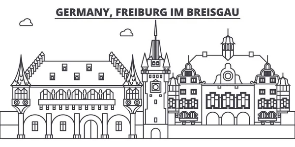 Německo, Freiburg Im Breisgau linie Panorama vektorové ilustrace. Německo, Freiburg Im Breisgau lineární panoráma s slavných památek, pamětihodností města, Vektor krajina. — Stockový vektor