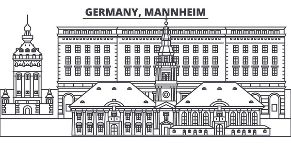 Almanya, Mannheim manzarası vektör çizim line. Almanya, ünlü simge, şehir manzaraları, vektör yatay doğrusal cityscape Mannheim. — Stok Vektör