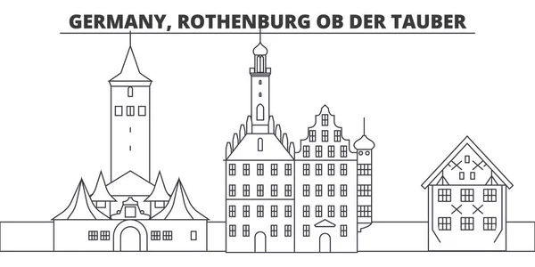 Alemania, Rothenburg Ob Der Tauber line skyline vector illustration. Alemania, Rothenburg Ob Der Tauber paisaje urbano lineal con monumentos famosos, lugares de interés de la ciudad, paisaje vectorial . — Vector de stock