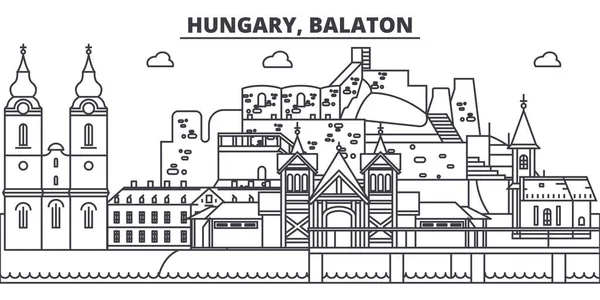 Венгрия, векторная иллюстрация линии горизонта Балатона. Венгрия, Балатон линейный городской пейзаж с известными достопримечательностями, достопримечательностями города, векторным ландшафтом . — стоковый вектор
