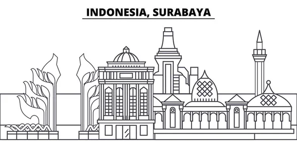 Indonésie, Surabaya linie Panorama vektorové ilustrace. Indonésie, Surabaya lineární panoráma s slavných památek, pamětihodností města, Vektor krajina. — Stockový vektor