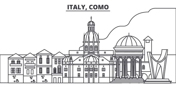 Italia, línea de Como skyline vector ilustración. Italia, Como paisaje urbano lineal con monumentos famosos, lugares de interés de la ciudad, paisaje vectorial . — Vector de stock