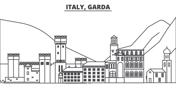 Italia, línea de Garda skyline vector ilustración. Italia, Garda paisaje urbano lineal con monumentos famosos, lugares de interés de la ciudad, paisaje vectorial . — Vector de stock