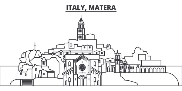 Italia, Matera línea skyline vector ilustración. Italia, Matera paisaje urbano lineal con monumentos famosos, lugares de interés de la ciudad, paisaje vectorial . — Vector de stock