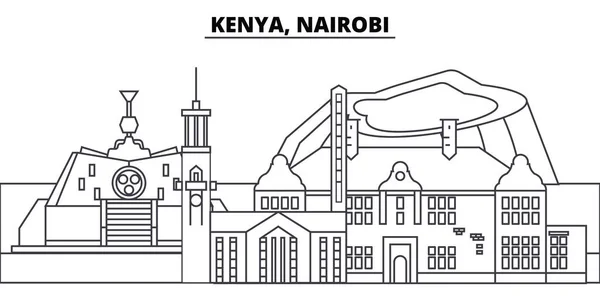 Kenia, línea de Nairobi skyline vector ilustración. Kenia, Nairobi paisaje urbano lineal con monumentos famosos, lugares de interés de la ciudad, paisaje vectorial . — Vector de stock